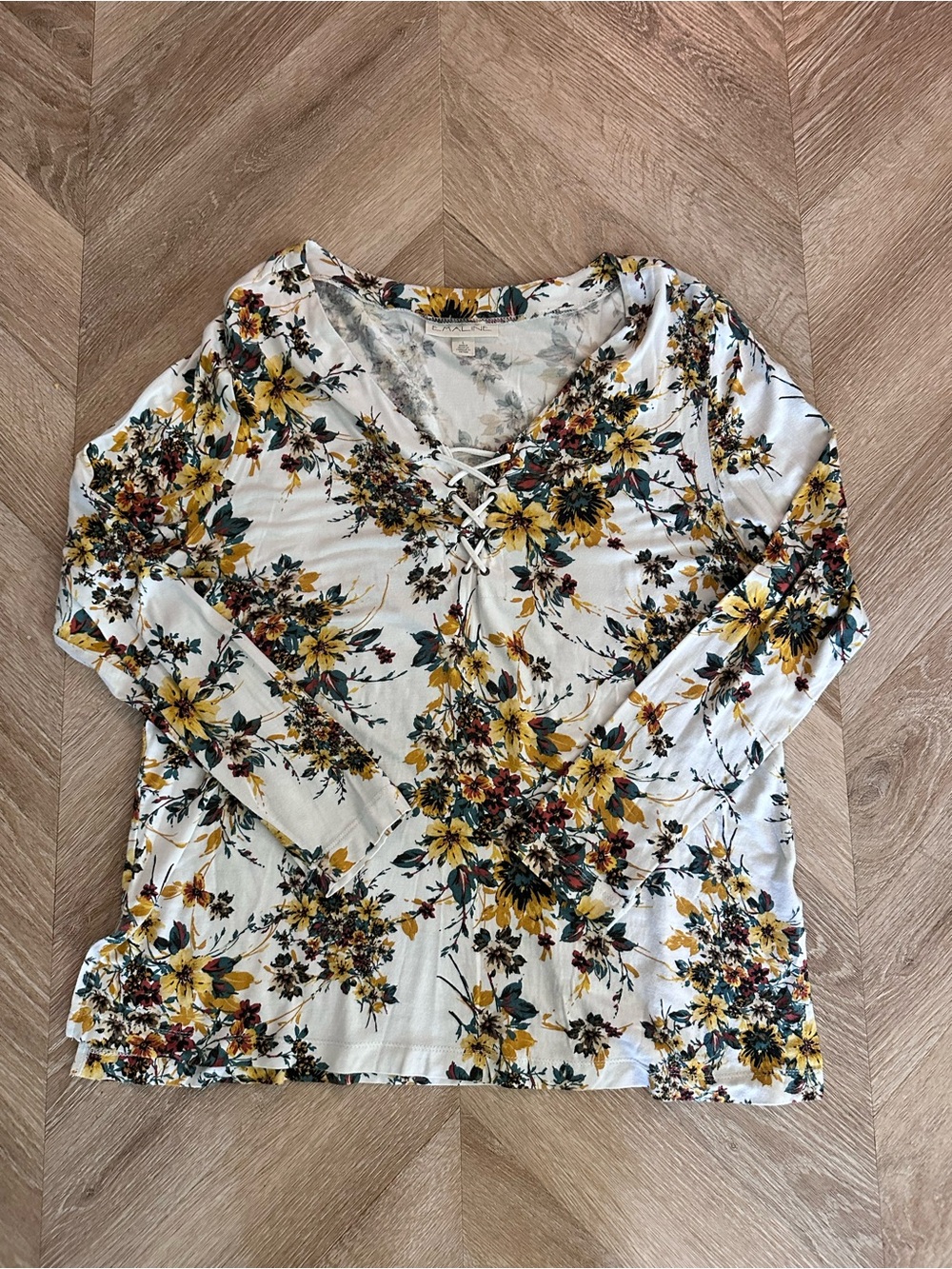 Lace-Up V-Neck Long Sleeve Floral Top - White with Yellow & Green